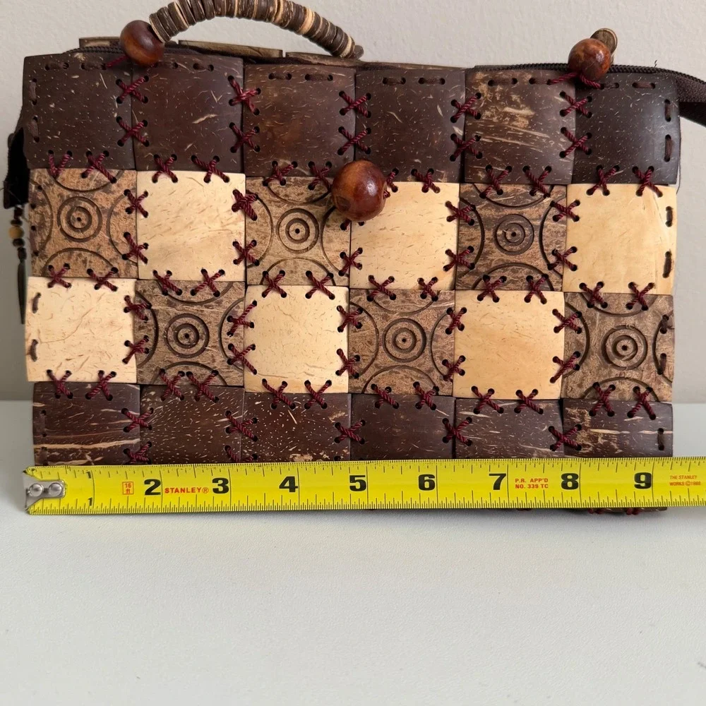 VR Collections Handmade Coconut Shell Bag Boho Checkered Beaded Handle Brown Tan